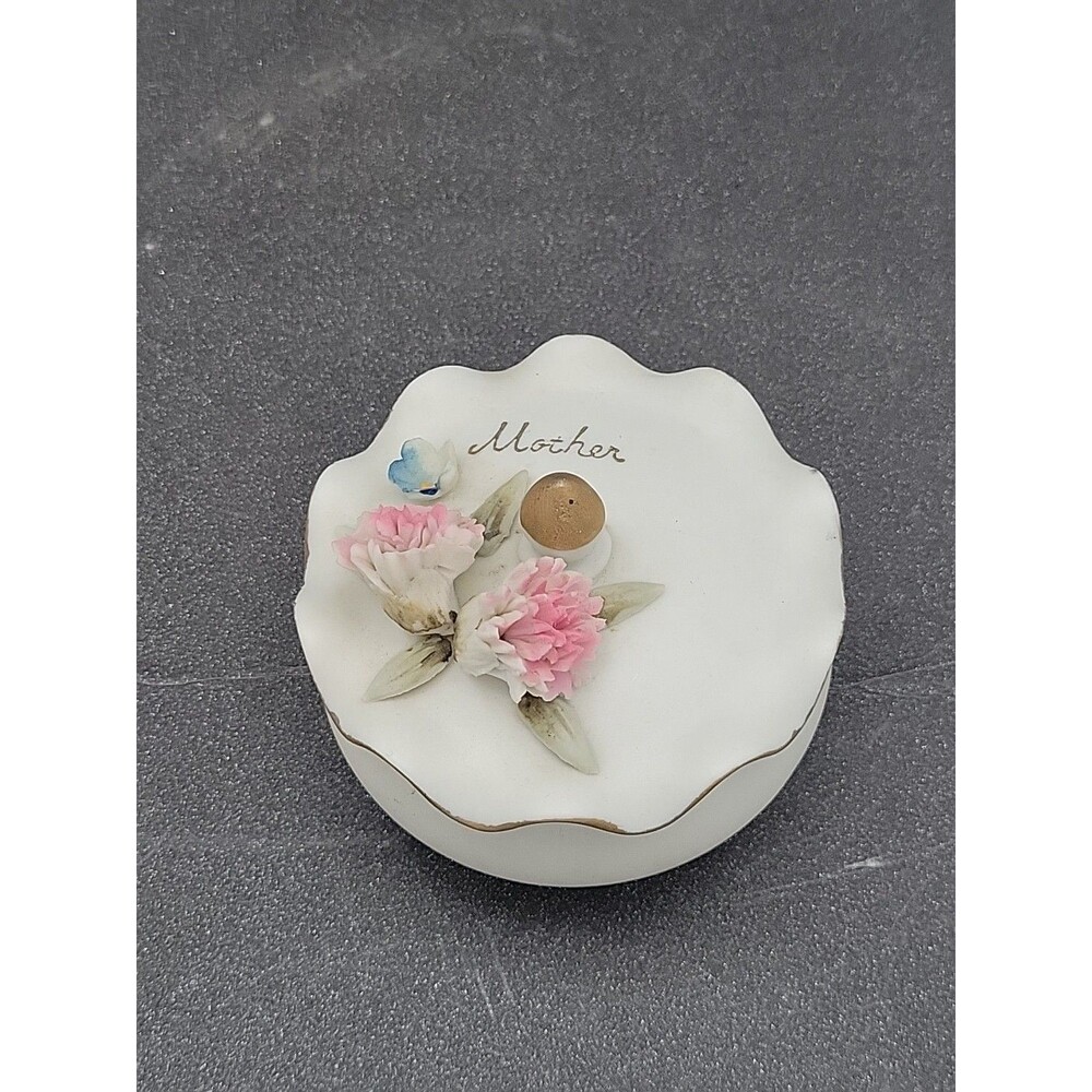 Vtg MOTHER Flower Trinket Box Ceramic Japan Footed Floral Pretty Mother's Day